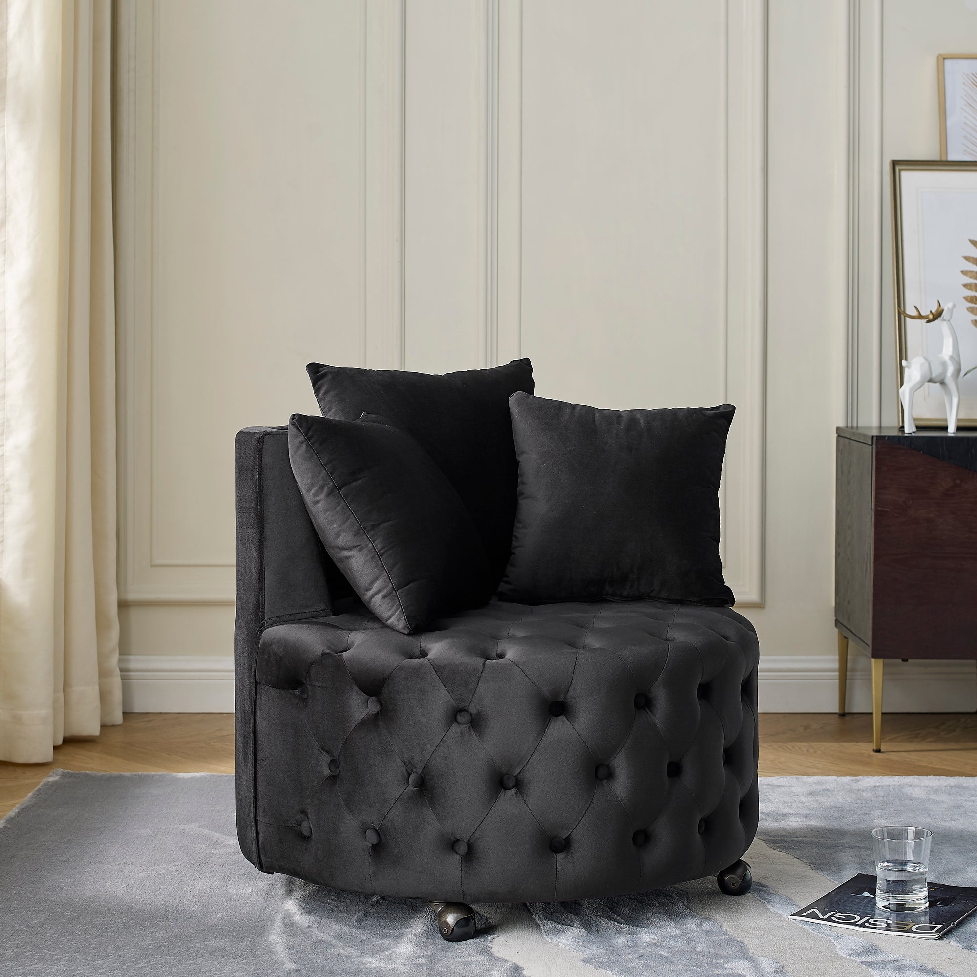 Velvet Upholstered Swivel Chair For Living Room, With Button Tufted Design And Movable Wheels, Including 3 Pillows, Black