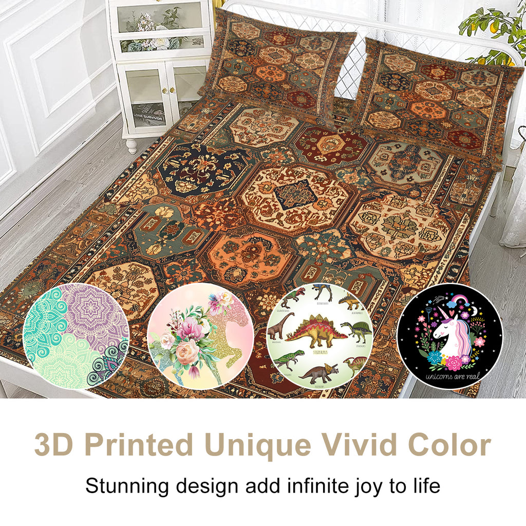 4‑Piece Retro Boho Geometric Bedding Set – Fitted Sheet + 2 Pillowcases (All‑Season Comfort)