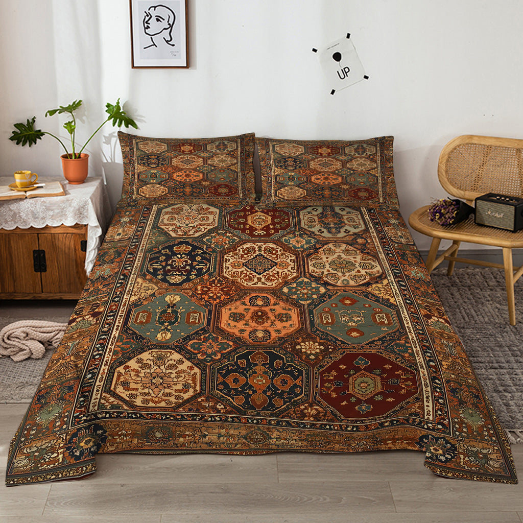 4‑Piece Retro Boho Geometric Bedding Set – Fitted Sheet + 2 Pillowcases (All‑Season Comfort)