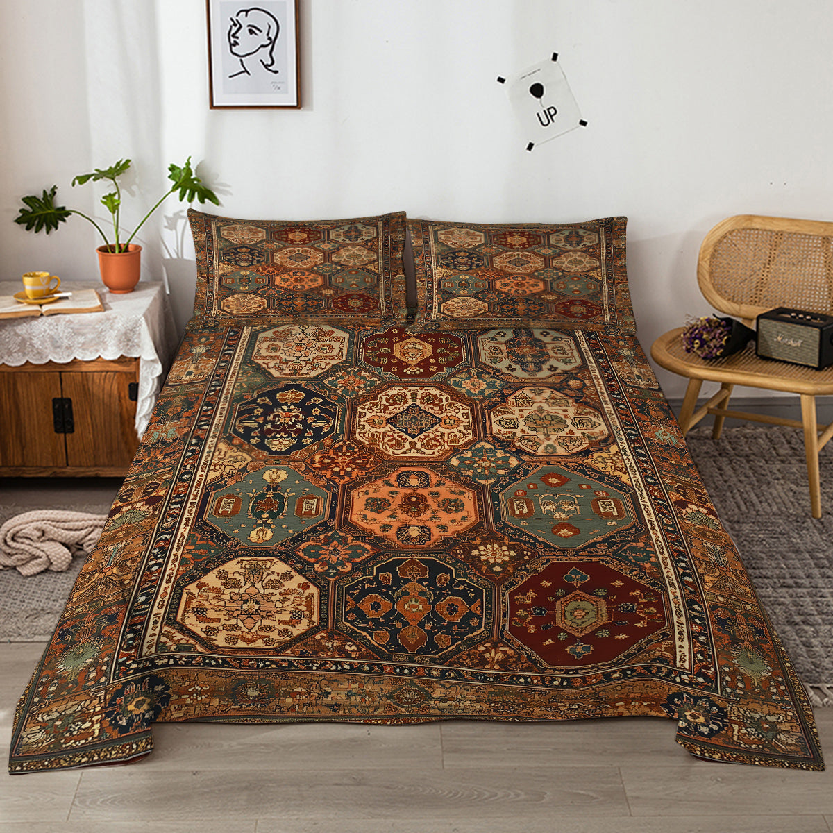 4‑Piece Retro Boho Geometric Bedding Set – Fitted Sheet + 2 Pillowcases (All‑Season Comfort)