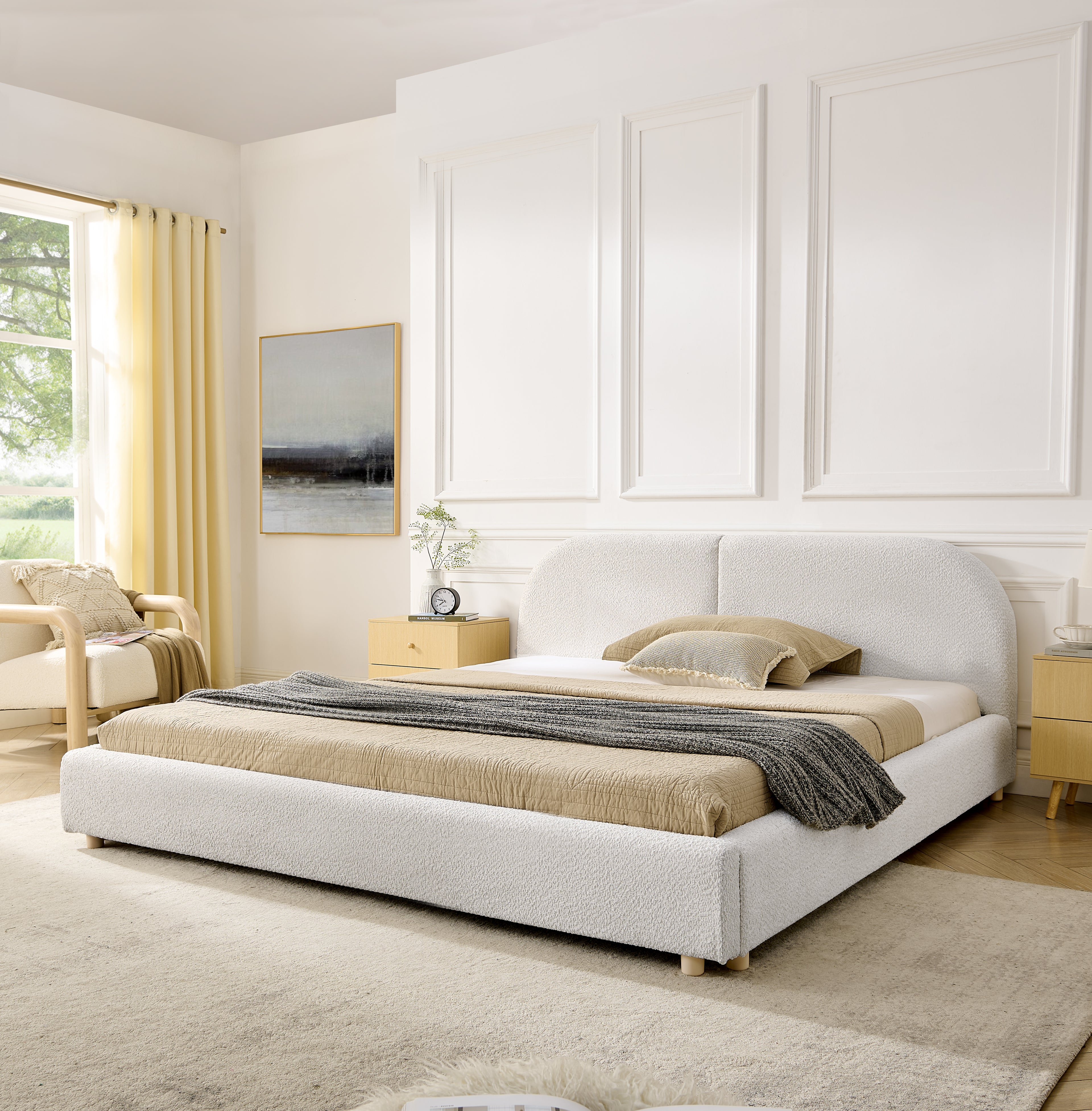 Queen Upholstered Bed Frame – Modern Minimalist Design with Tall Curved Headboard (Beige)