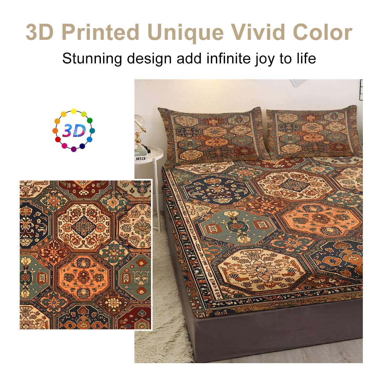 3‑Piece Retro Boho Geometric Bedding Set – Fitted Sheet + 2 Pillowcases (All‑Season Comfort)