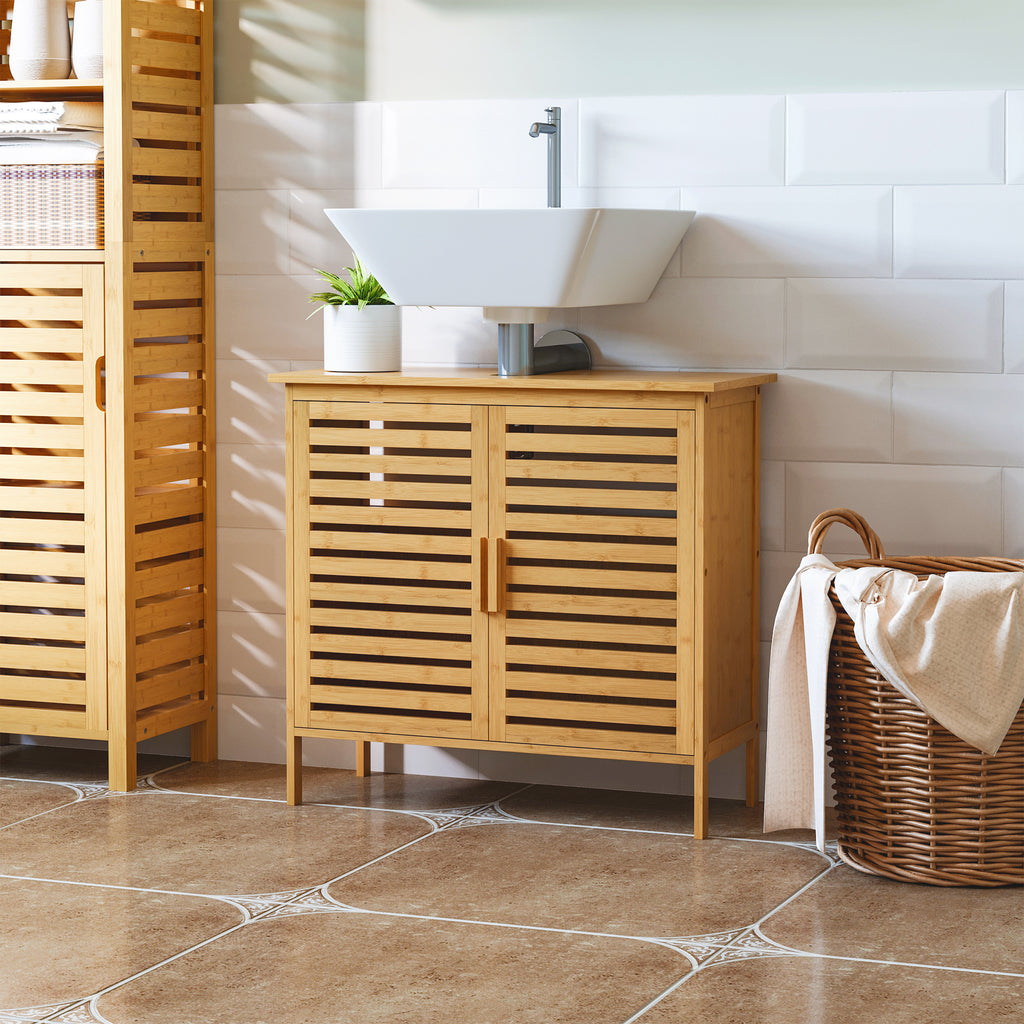 Freestanding Bamboo Under-Sink Bathroom Cabinet with Double Slatted Doors – Natural Finish