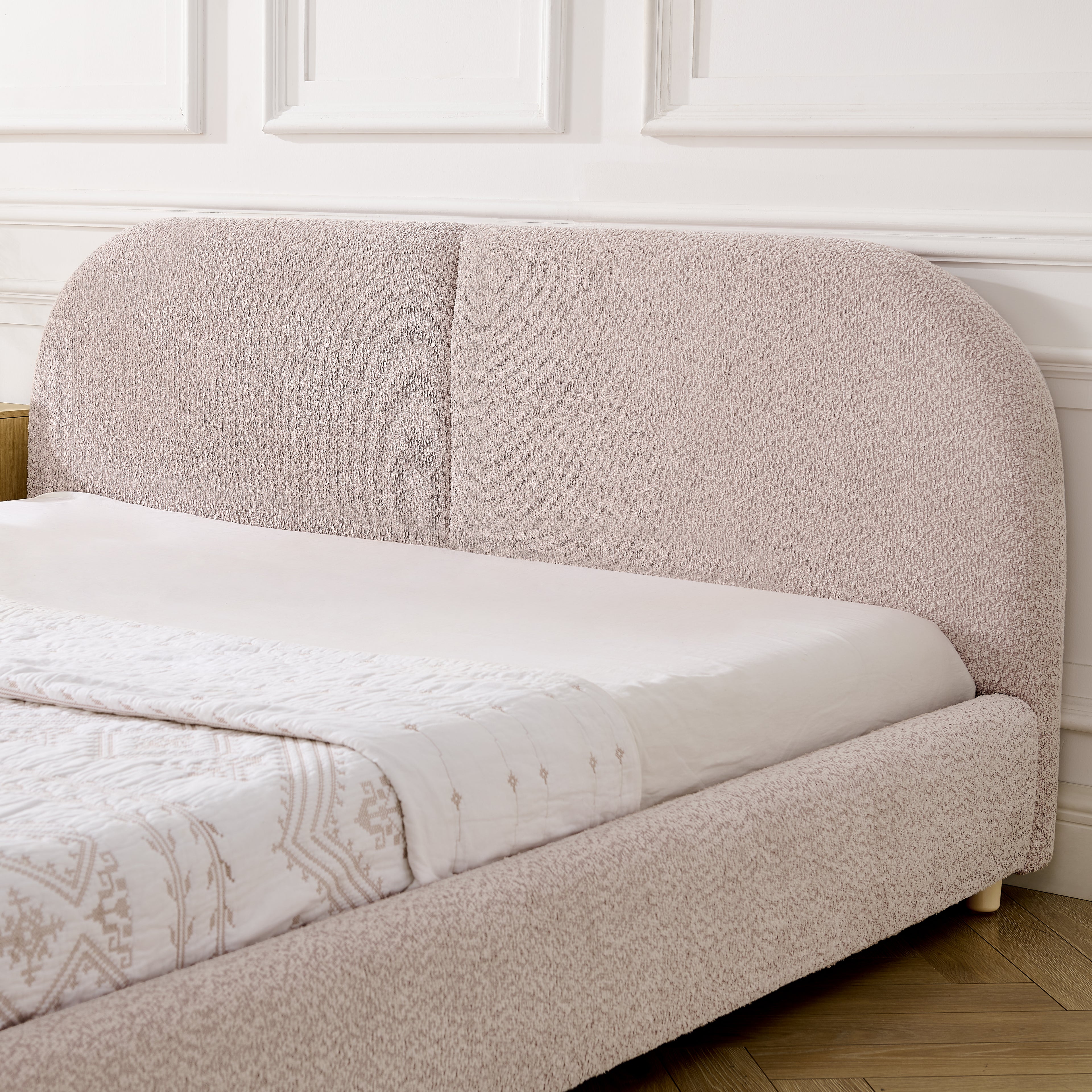 Queen Upholstered Bed Frame – Modern Minimalist Design with Tall Curved Headboard (Pink)