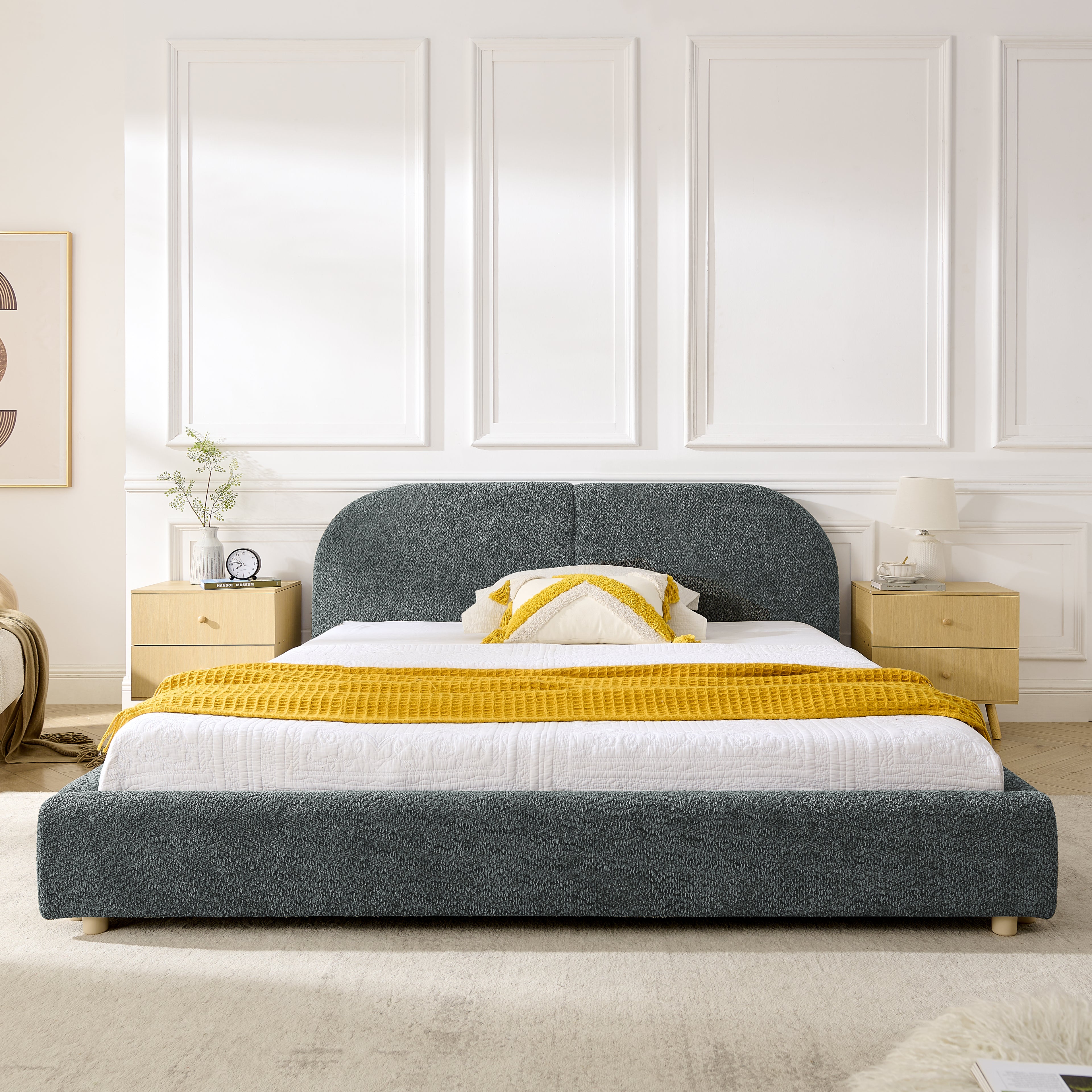 Queen Upholstered Bed Frame – Modern Minimalist Design with Tall Curved Headboard (Dark Gray)