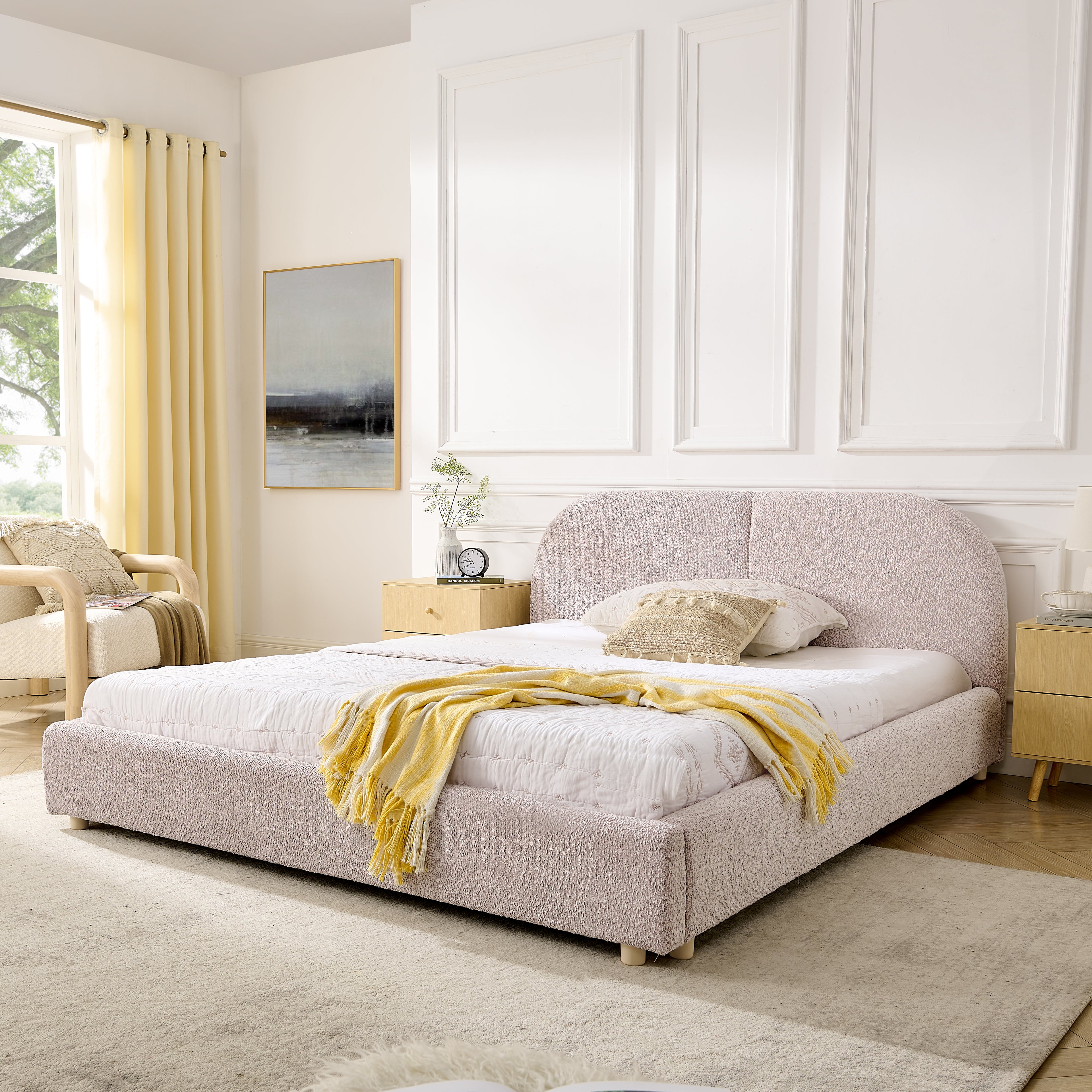 Queen Upholstered Bed Frame – Modern Minimalist Design with Tall Curved Headboard (Pink)