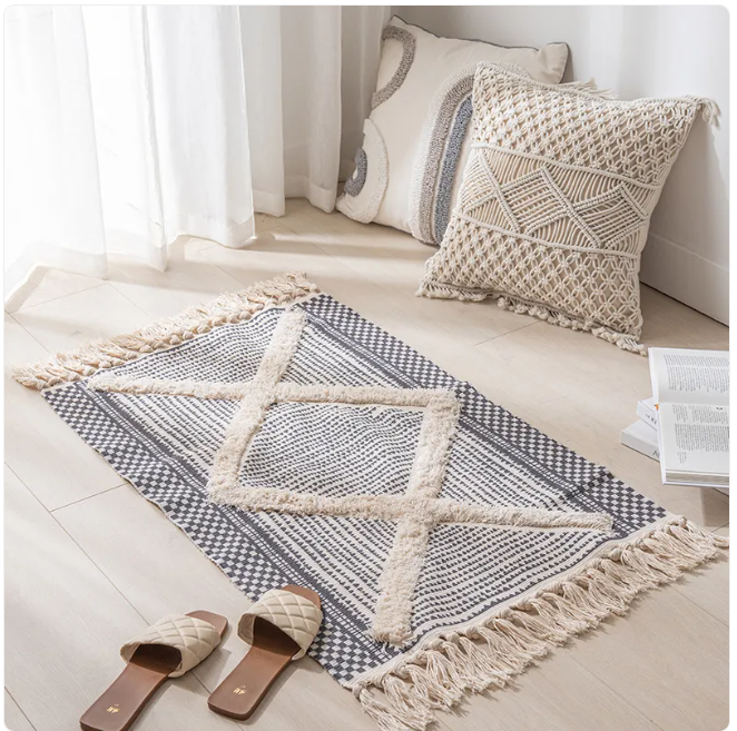 Modern Minimalist Cotton Area Rug 60×90cm – Geometric Pattern Accent Rug for Entryway, Bedroom & Home Decor