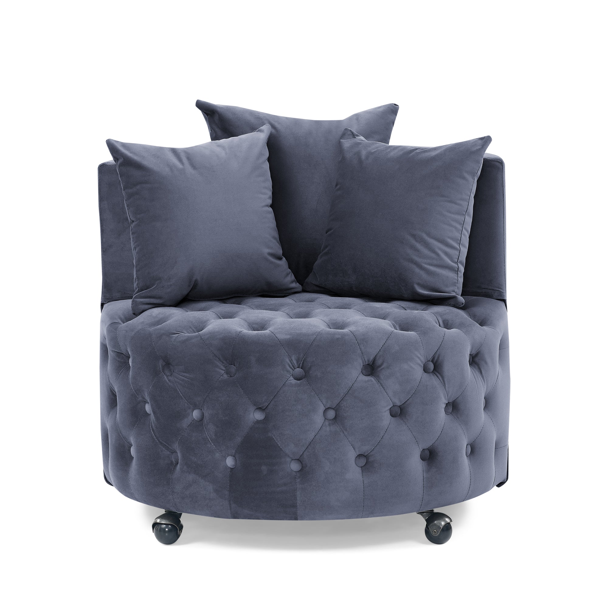 Velvet Upholstered Swivel Chair For Living Room, With Button Tufted Design And Movable Wheels, Including 3 Pillows, Grey