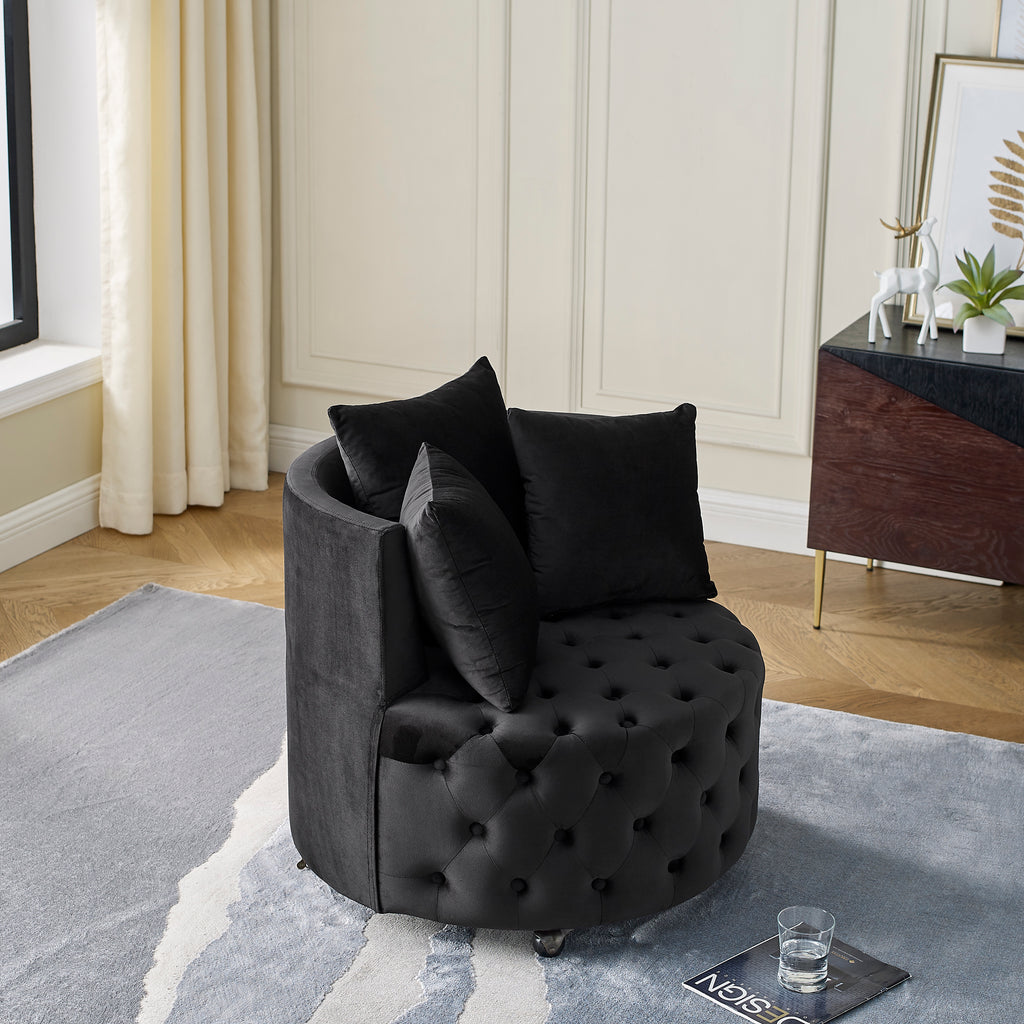 Velvet Upholstered Swivel Chair For Living Room, With Button Tufted Design And Movable Wheels, Including 3 Pillows, Black