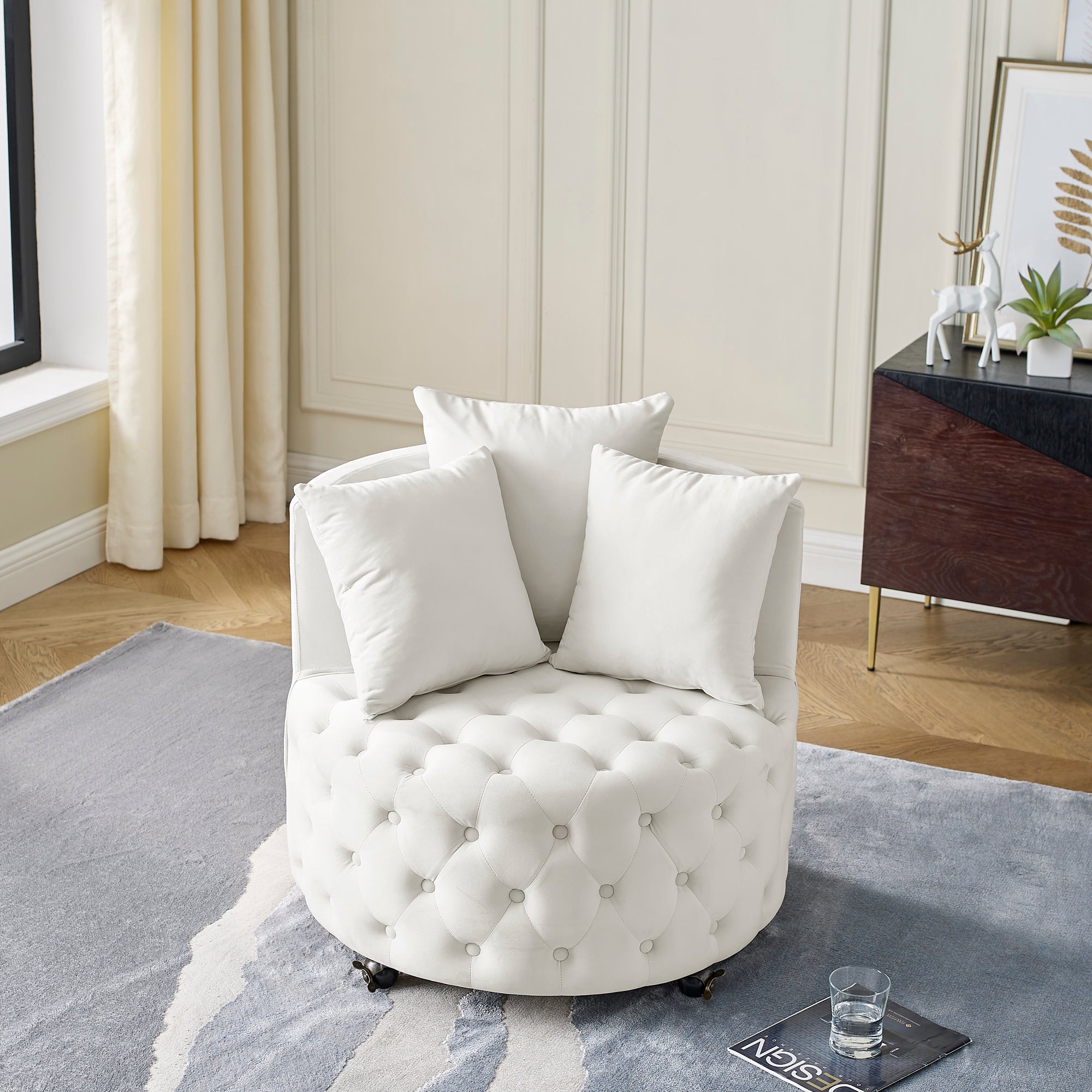 Velvet Swivel Accent Chair with Button‑Tufted Design, Wheels, and 3 Pillows – Beige