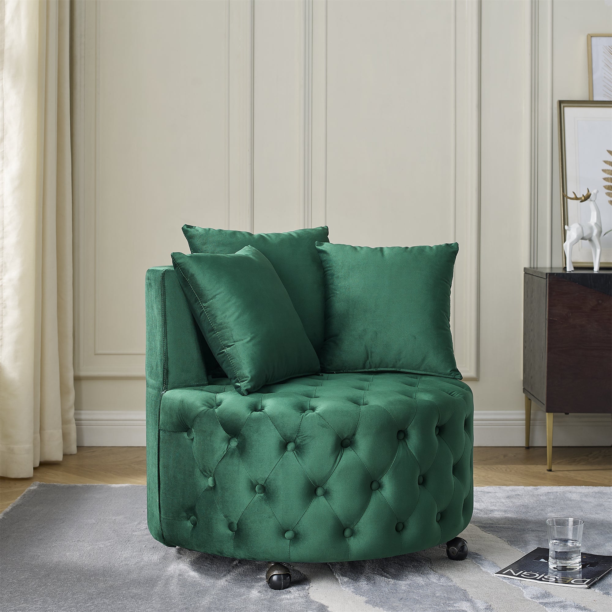 Velvet Upholstered Swivel Chair For Living Room, With Button Tufted Design And Movable Wheels, Including 3 Pillows, Green