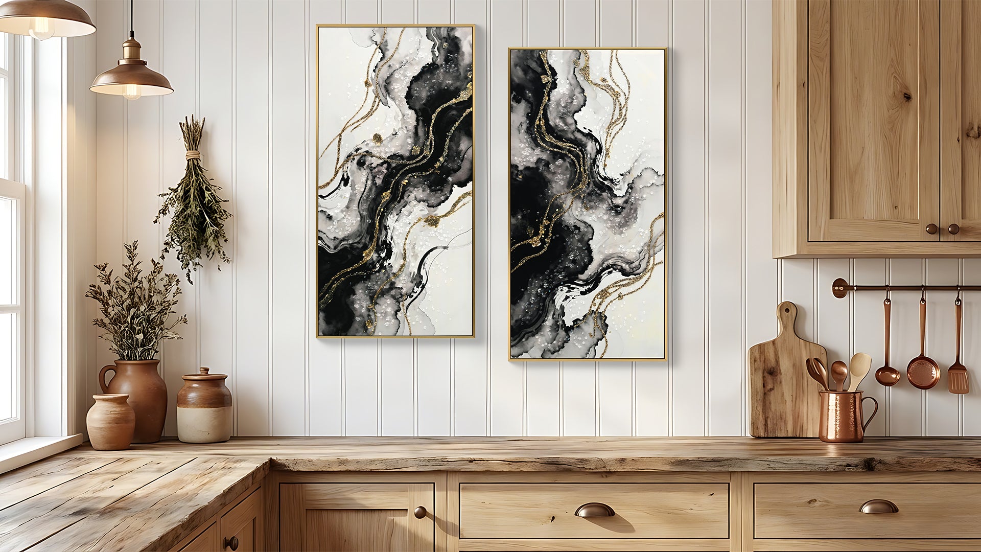 Large Framed Black and White Abstract Wall Art, Set of 2 – Minimalist Canvas Prints for Modern Home Decor, Black & Gold Artwork for Hallway or Office (20×40 in)