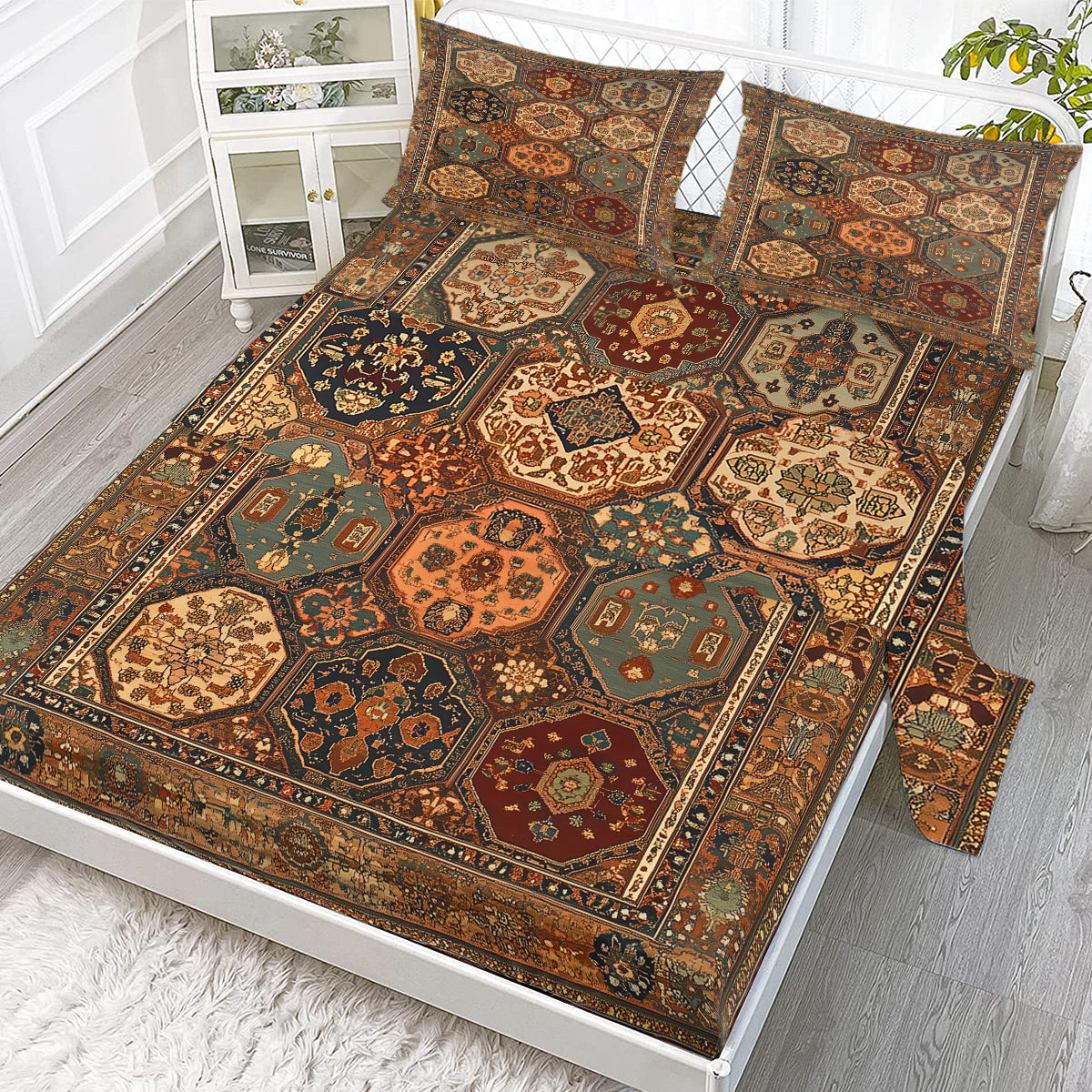 4‑Piece Retro Boho Geometric Bedding Set – Fitted Sheet + 2 Pillowcases (All‑Season Comfort)