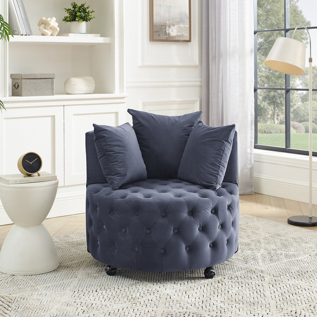 Velvet Upholstered Swivel Chair For Living Room, With Button Tufted Design And Movable Wheels, Including 3 Pillows, Grey
