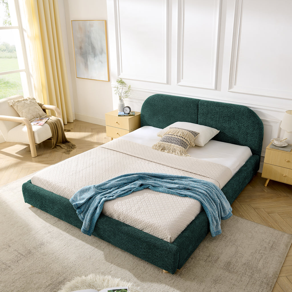 Queen Upholstered Bed Frame – Modern Minimalist Design with Tall Curved Headboard (Green)
