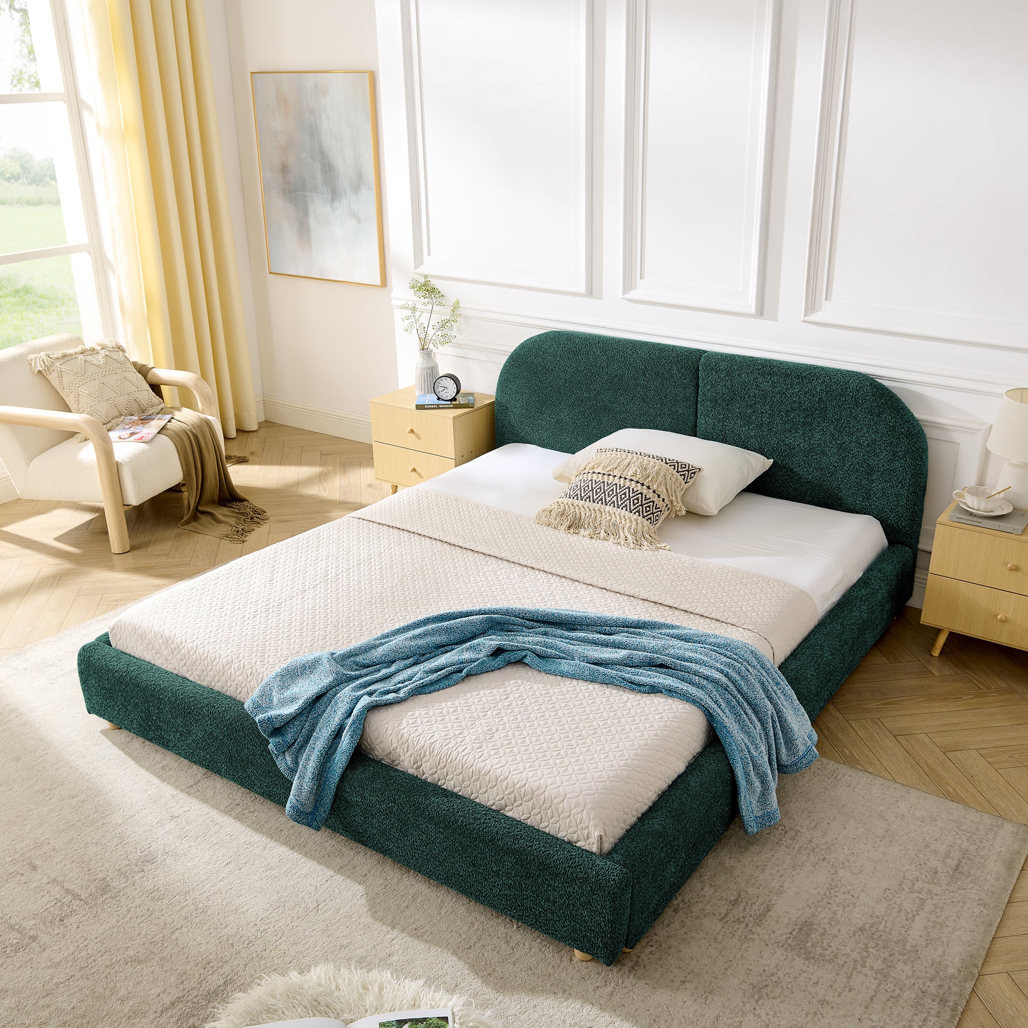 Queen Upholstered Bed Frame – Modern Minimalist Design with Tall Curved Headboard (Green)