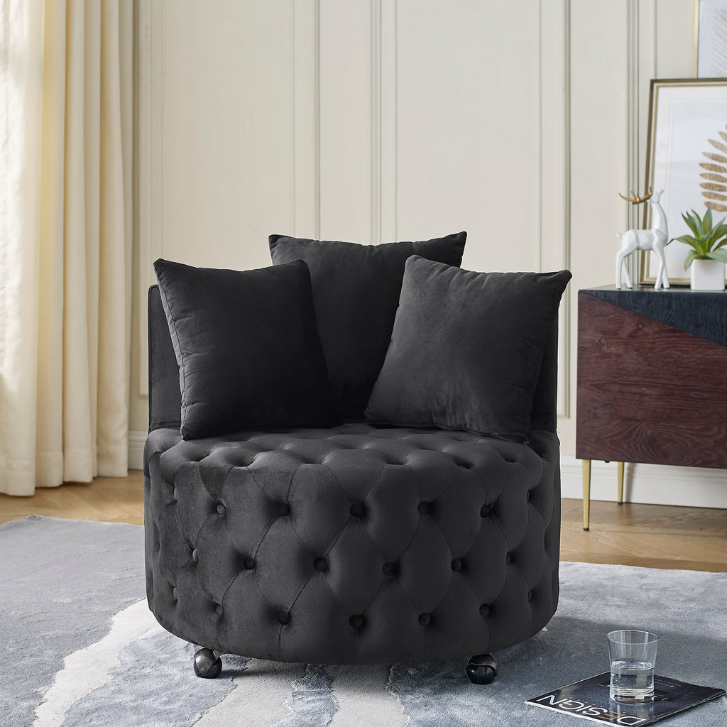 Velvet Upholstered Swivel Chair For Living Room, With Button Tufted Design And Movable Wheels, Including 3 Pillows, Black