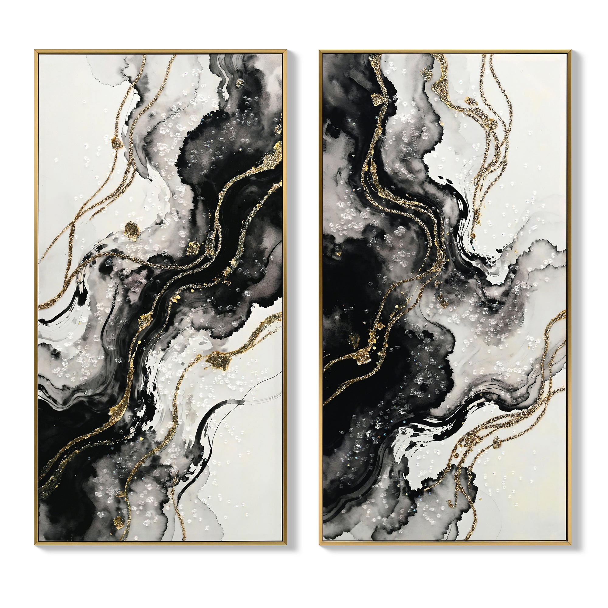 Large Framed Black and White Abstract Wall Art, Set of 2 – Minimalist Canvas Prints for Modern Home Decor, Black & Gold Artwork for Hallway or Office (20×40 in)