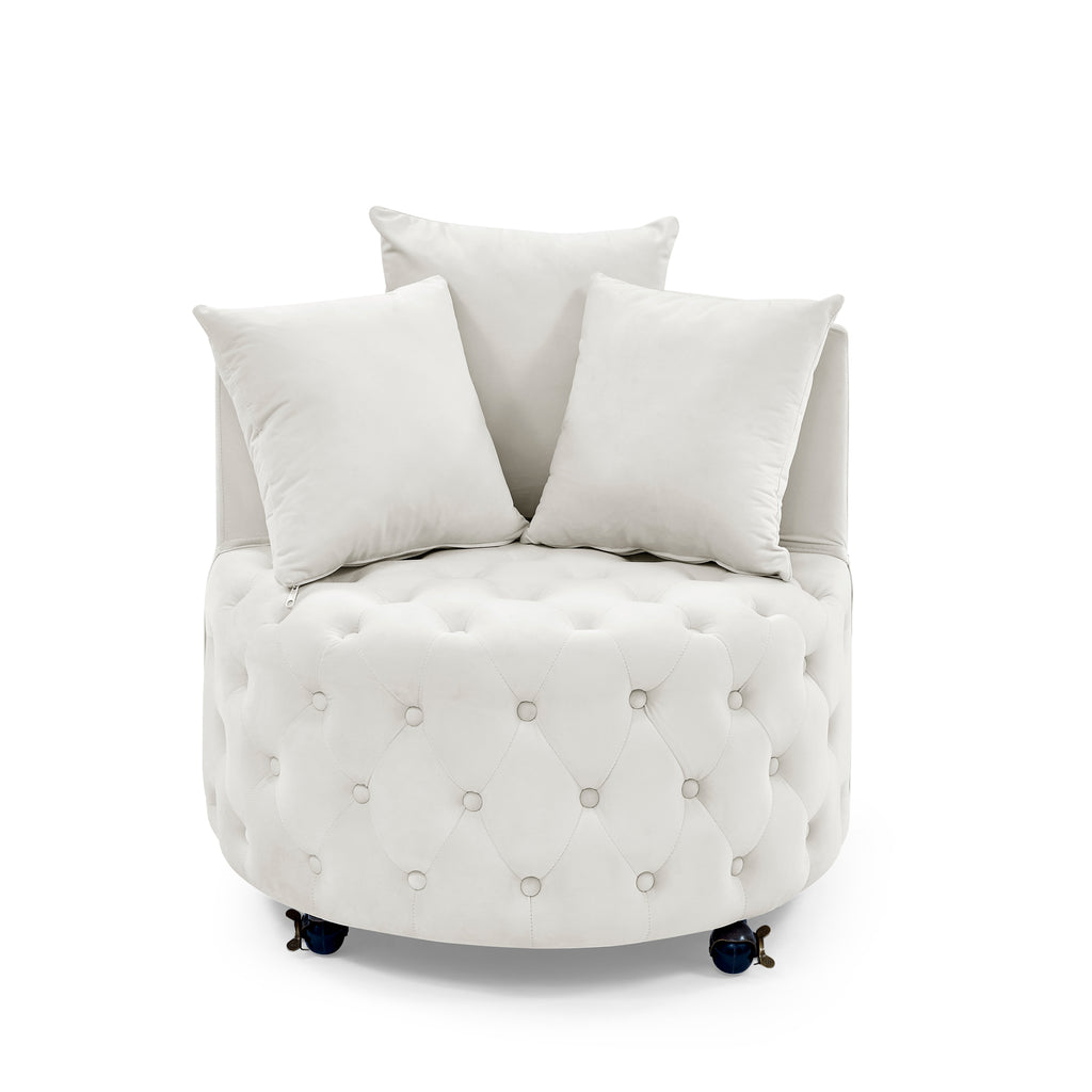Velvet Swivel Accent Chair with Button‑Tufted Design, Wheels, and 3 Pillows – Beige