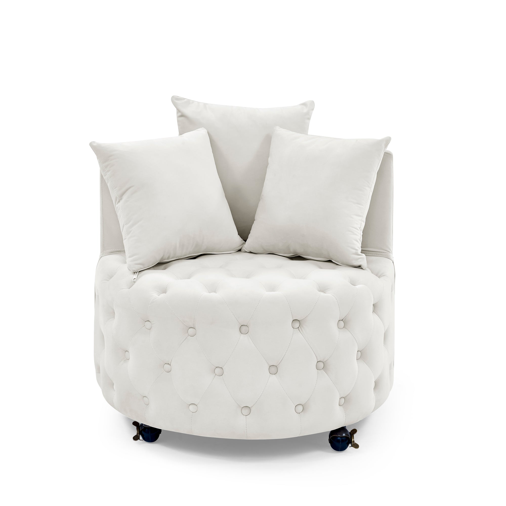 Velvet Swivel Accent Chair with Button‑Tufted Design, Wheels, and 3 Pillows – Beige