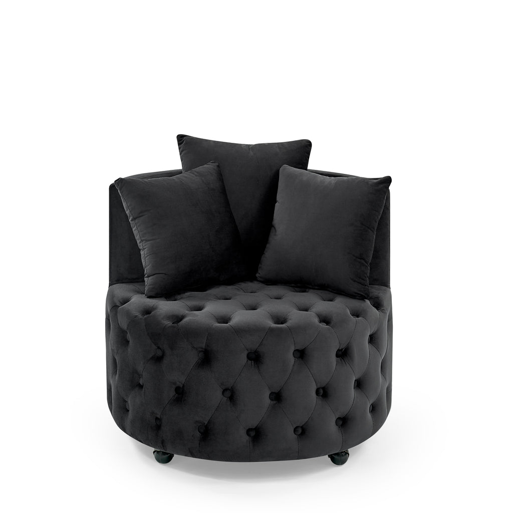 Velvet Upholstered Swivel Chair For Living Room, With Button Tufted Design And Movable Wheels, Including 3 Pillows, Black