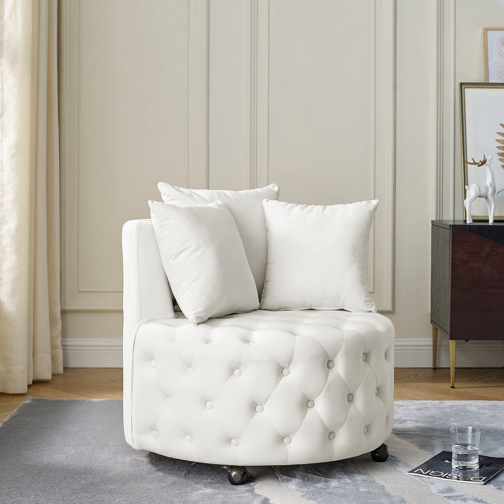 Velvet Swivel Accent Chair with Button‑Tufted Design, Wheels, and 3 Pillows – Beige