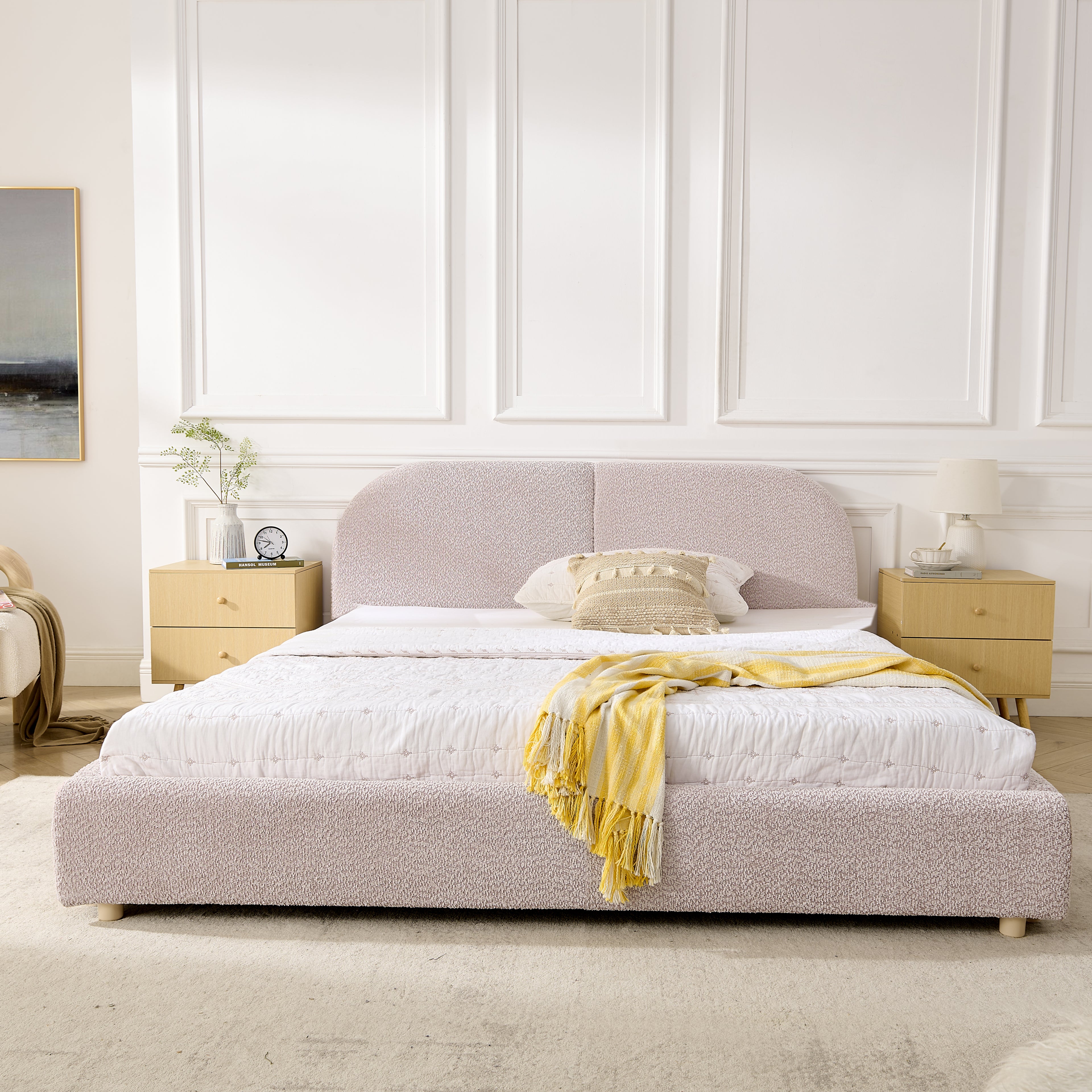 Queen Upholstered Bed Frame – Modern Minimalist Design with Tall Curved Headboard (Pink)