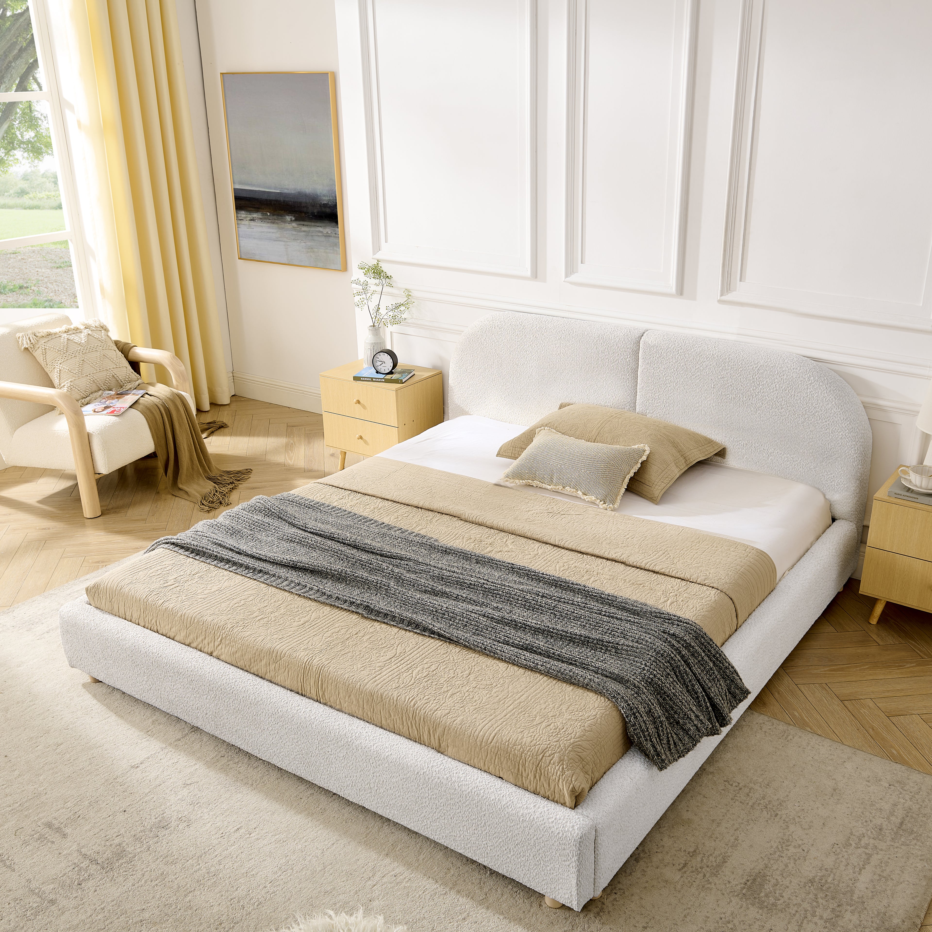 Queen Upholstered Bed Frame – Modern Minimalist Design with Tall Curved Headboard (Beige)