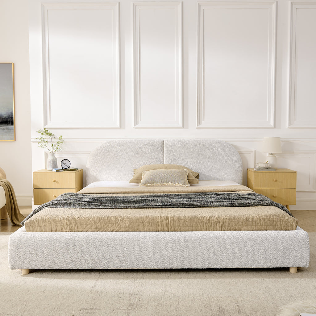 Queen Upholstered Bed Frame – Modern Minimalist Design with Tall Curved Headboard (Beige)