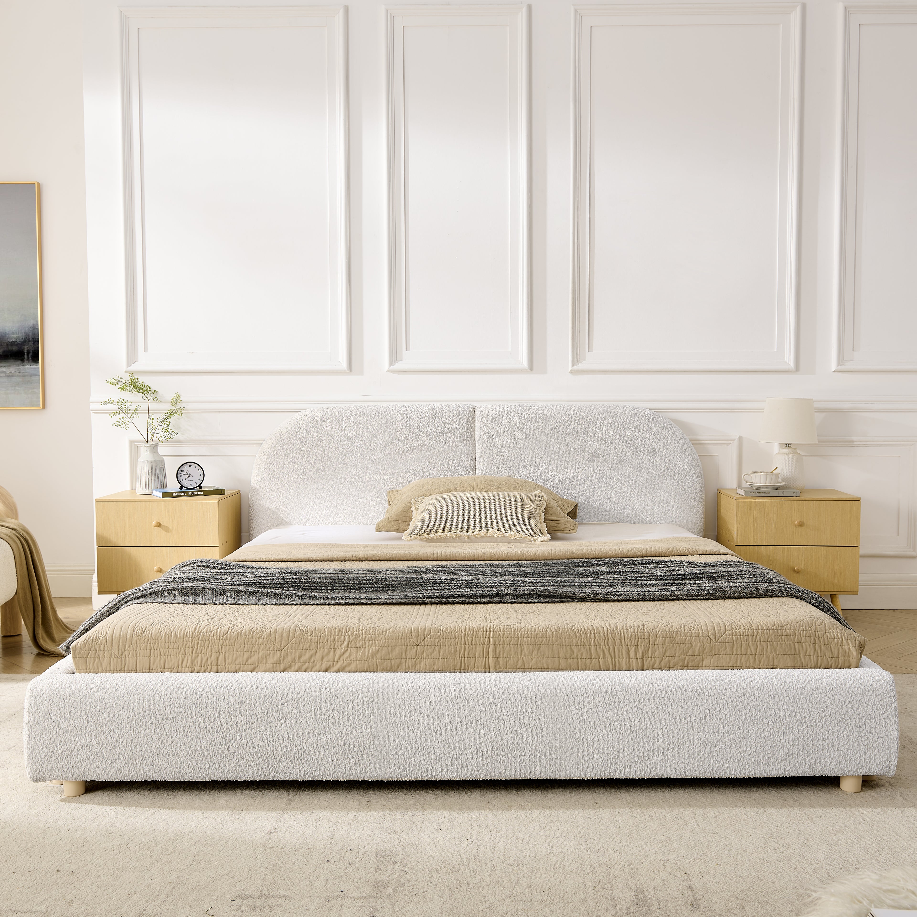 Queen Upholstered Bed Frame – Modern Minimalist Design with Tall Curved Headboard (Beige)