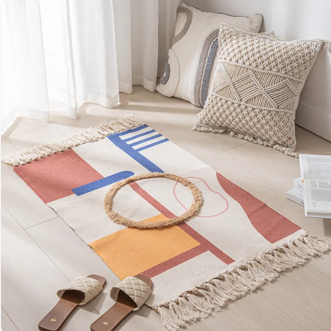 Modern Minimalist Cotton Area Rug 60×90cm – Geometric Pattern Accent Rug for Entryway, Bedroom & Home Decor