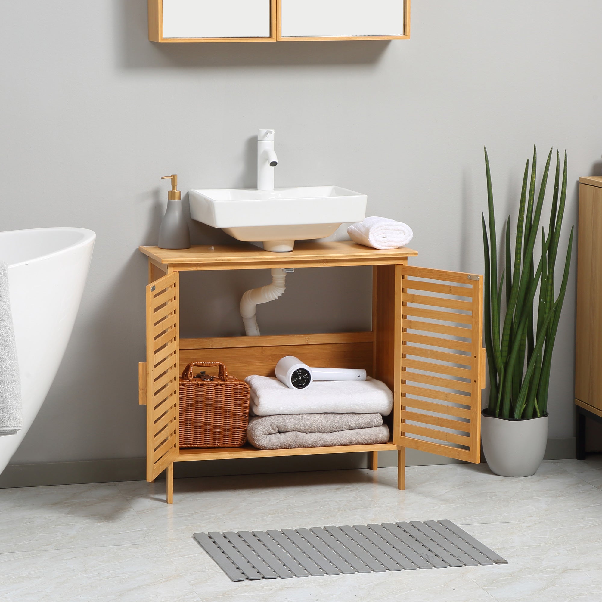Freestanding Bamboo Under-Sink Bathroom Cabinet with Double Slatted Doors – Natural Finish