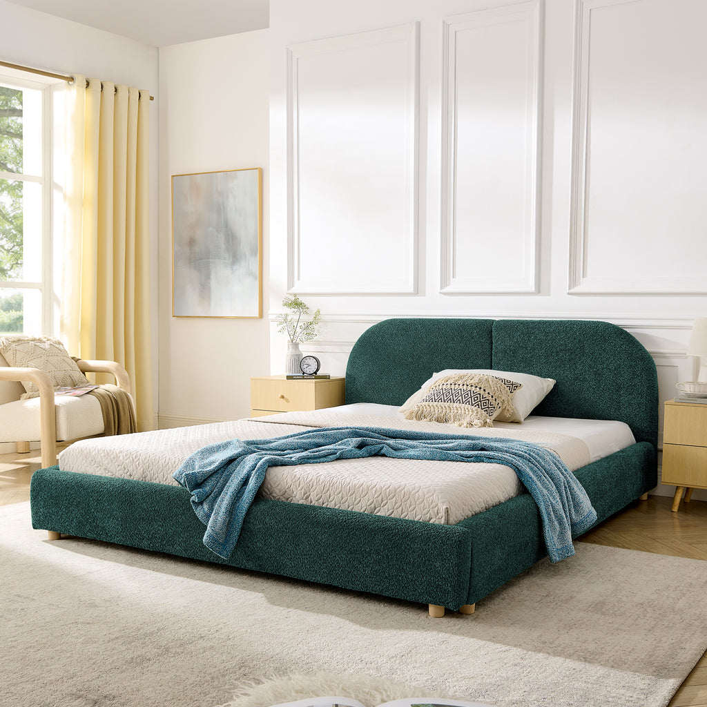 Queen Upholstered Bed Frame – Modern Minimalist Design with Tall Curved Headboard (Green)