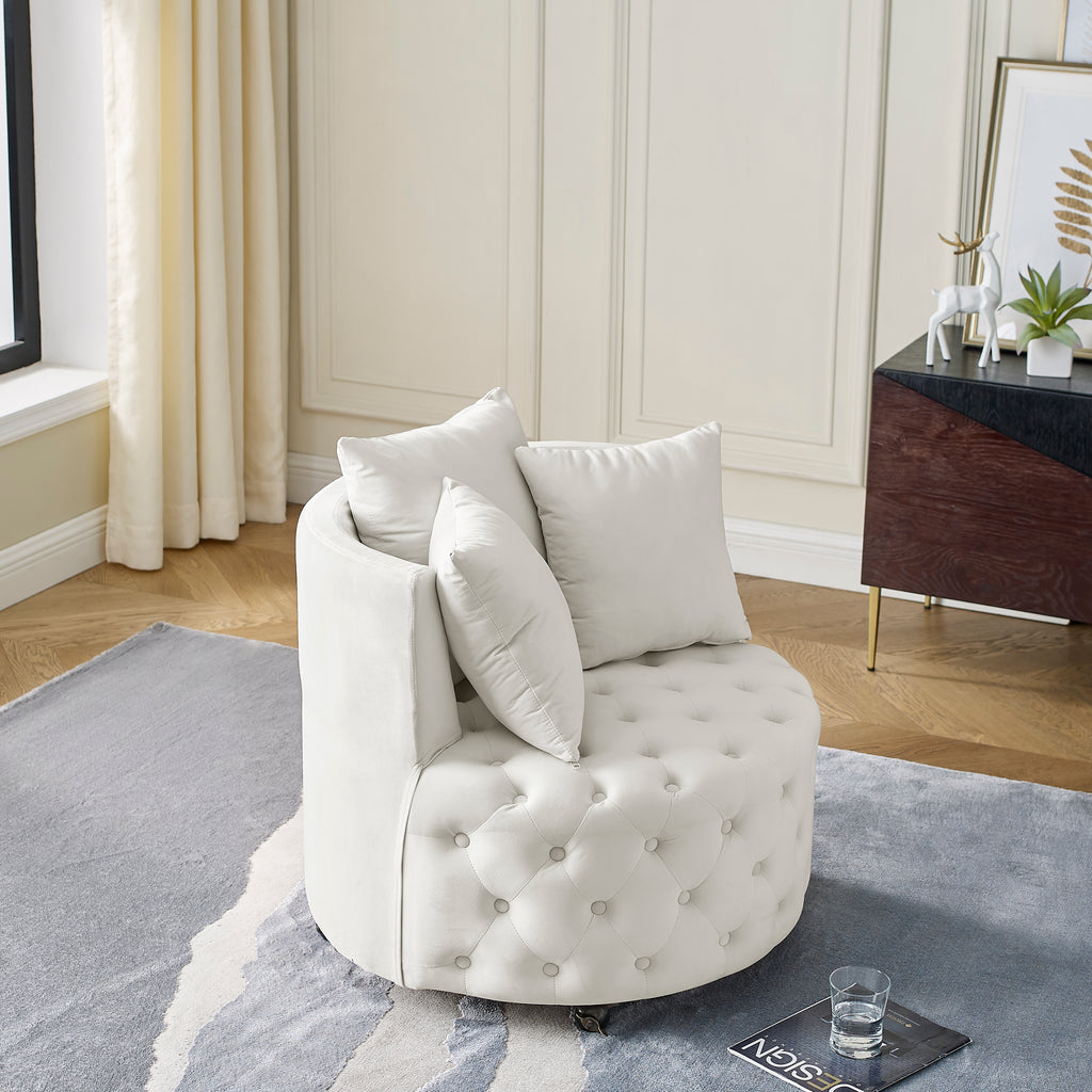 Velvet Swivel Accent Chair with Button‑Tufted Design, Wheels, and 3 Pillows – Beige