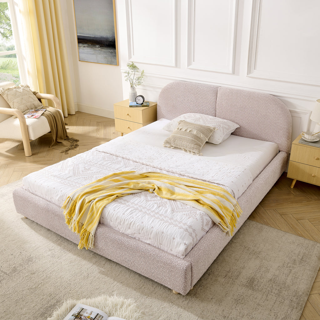 Queen Upholstered Bed Frame – Modern Minimalist Design with Tall Curved Headboard (Pink)
