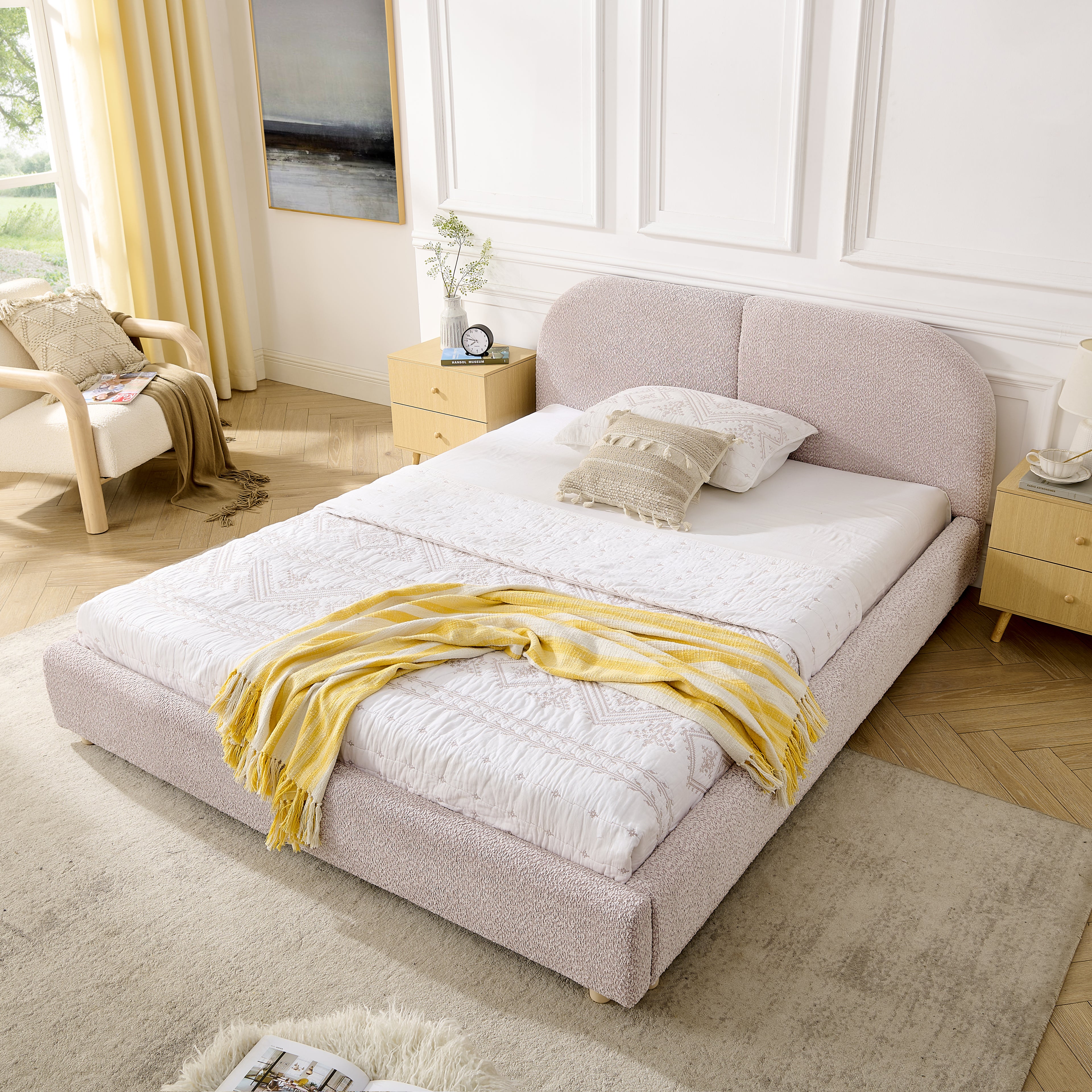 Queen Upholstered Bed Frame – Modern Minimalist Design with Tall Curved Headboard (Pink)