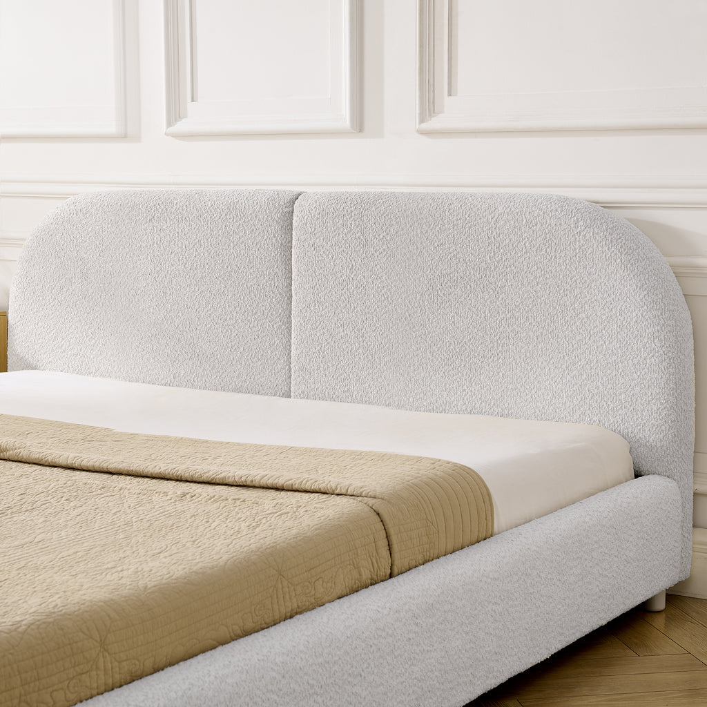 Queen Upholstered Bed Frame – Modern Minimalist Design with Tall Curved Headboard (Beige)