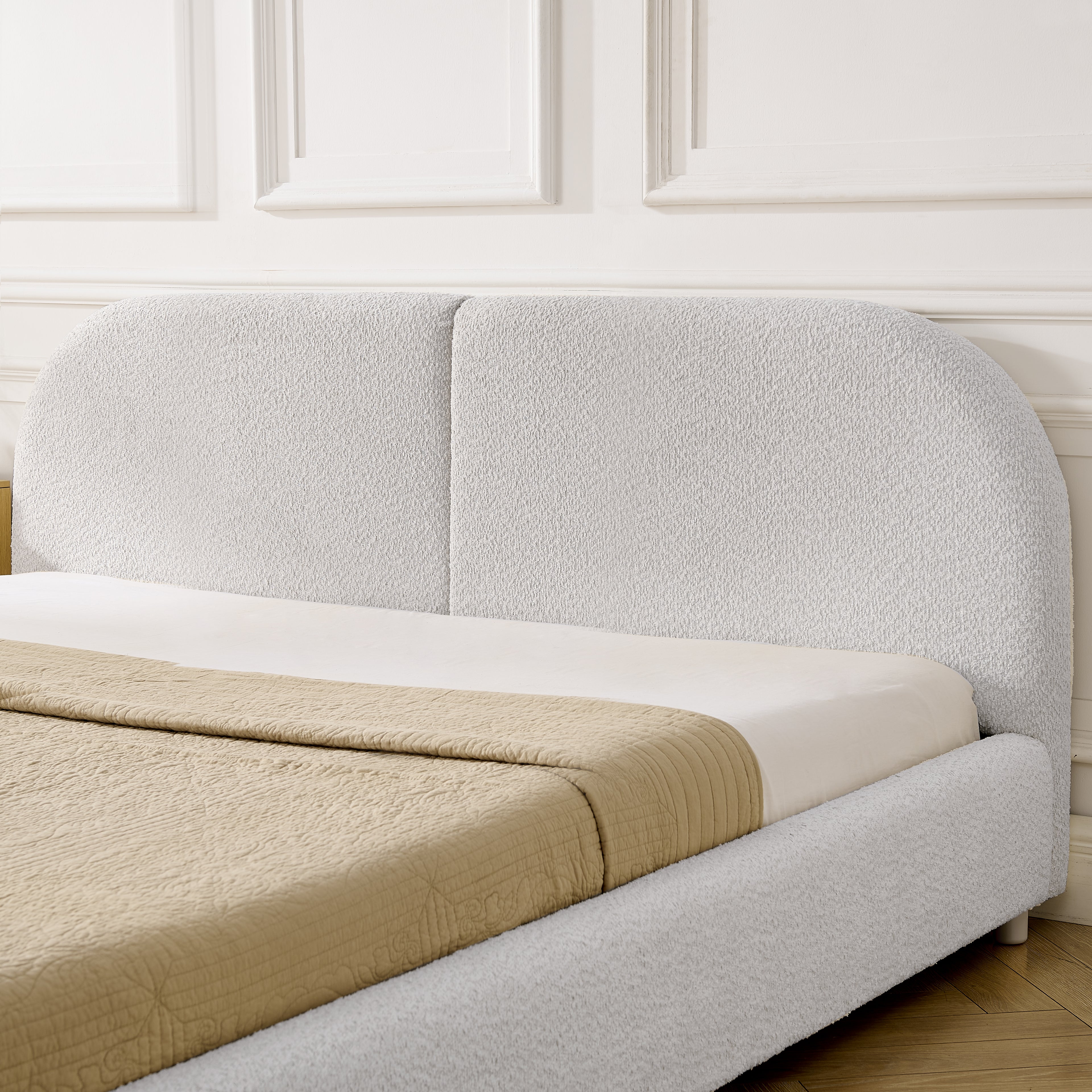 Queen Upholstered Bed Frame – Modern Minimalist Design with Tall Curved Headboard (Beige)