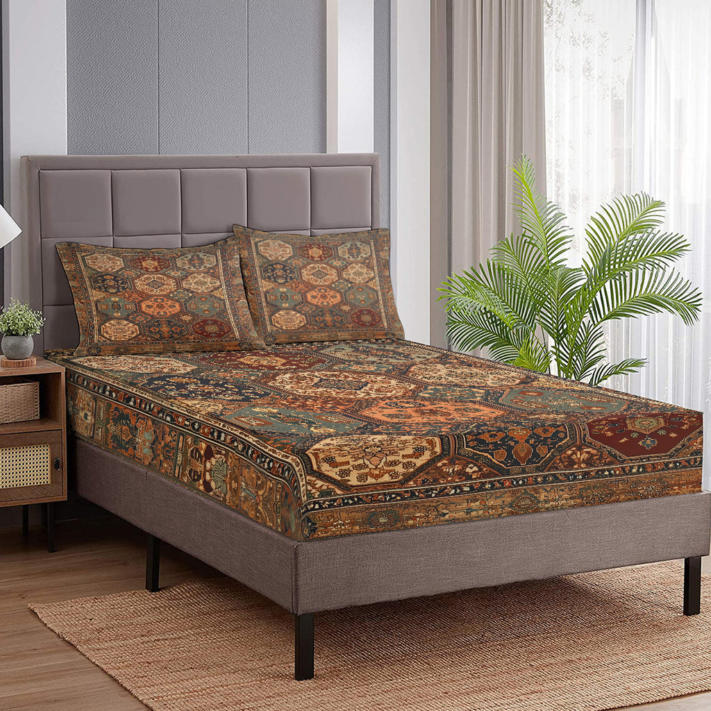 3‑Piece Retro Boho Geometric Bedding Set – Fitted Sheet + 2 Pillowcases (All‑Season Comfort)
