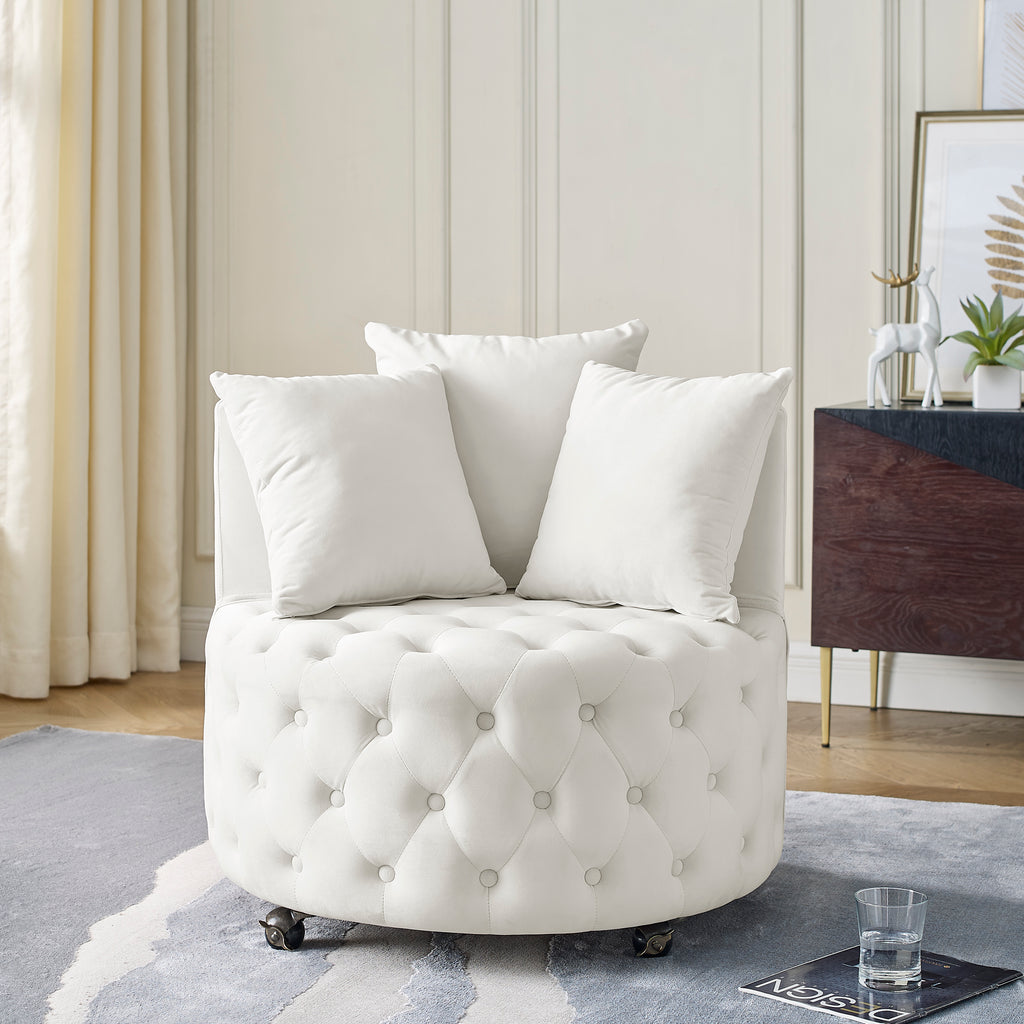 Velvet Swivel Accent Chair with Button‑Tufted Design, Wheels, and 3 Pillows – Beige