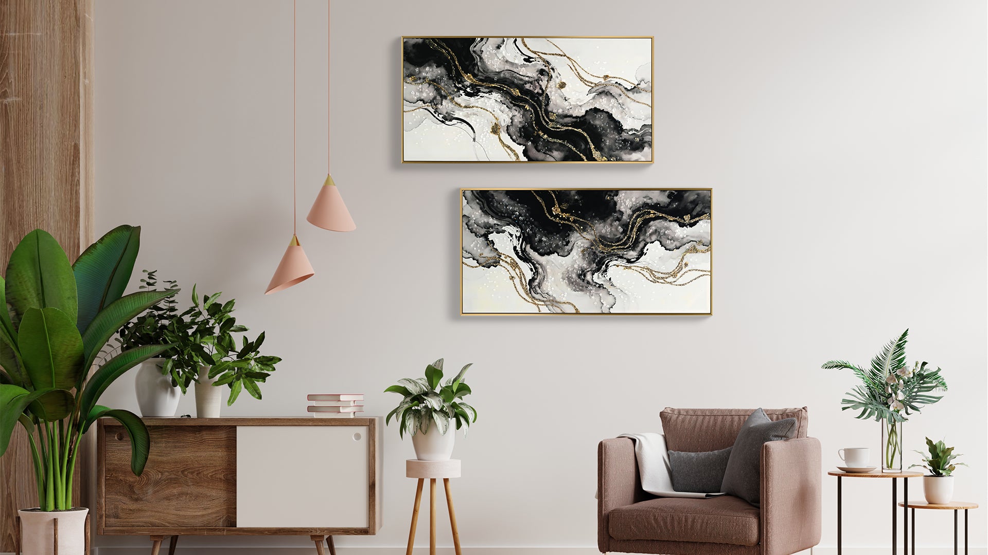 Large Framed Black and White Abstract Wall Art, Set of 2 – Minimalist Canvas Prints for Modern Home Decor, Black & Gold Artwork for Hallway or Office (20×40 in)
