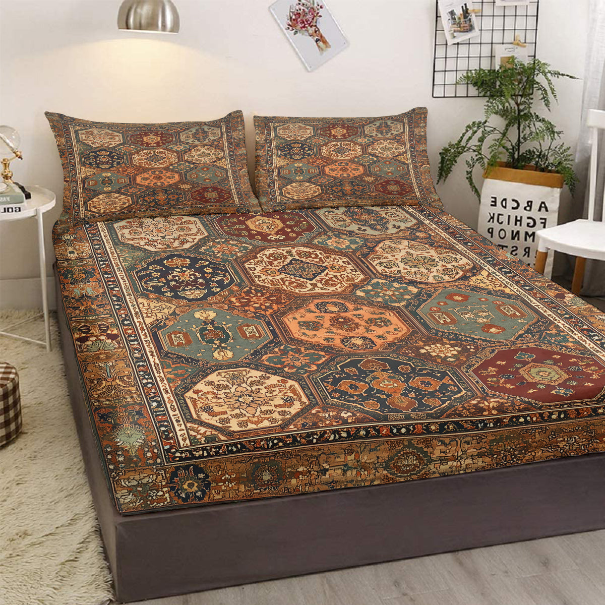 3‑Piece Retro Boho Geometric Bedding Set – Fitted Sheet + 2 Pillowcases (All‑Season Comfort)