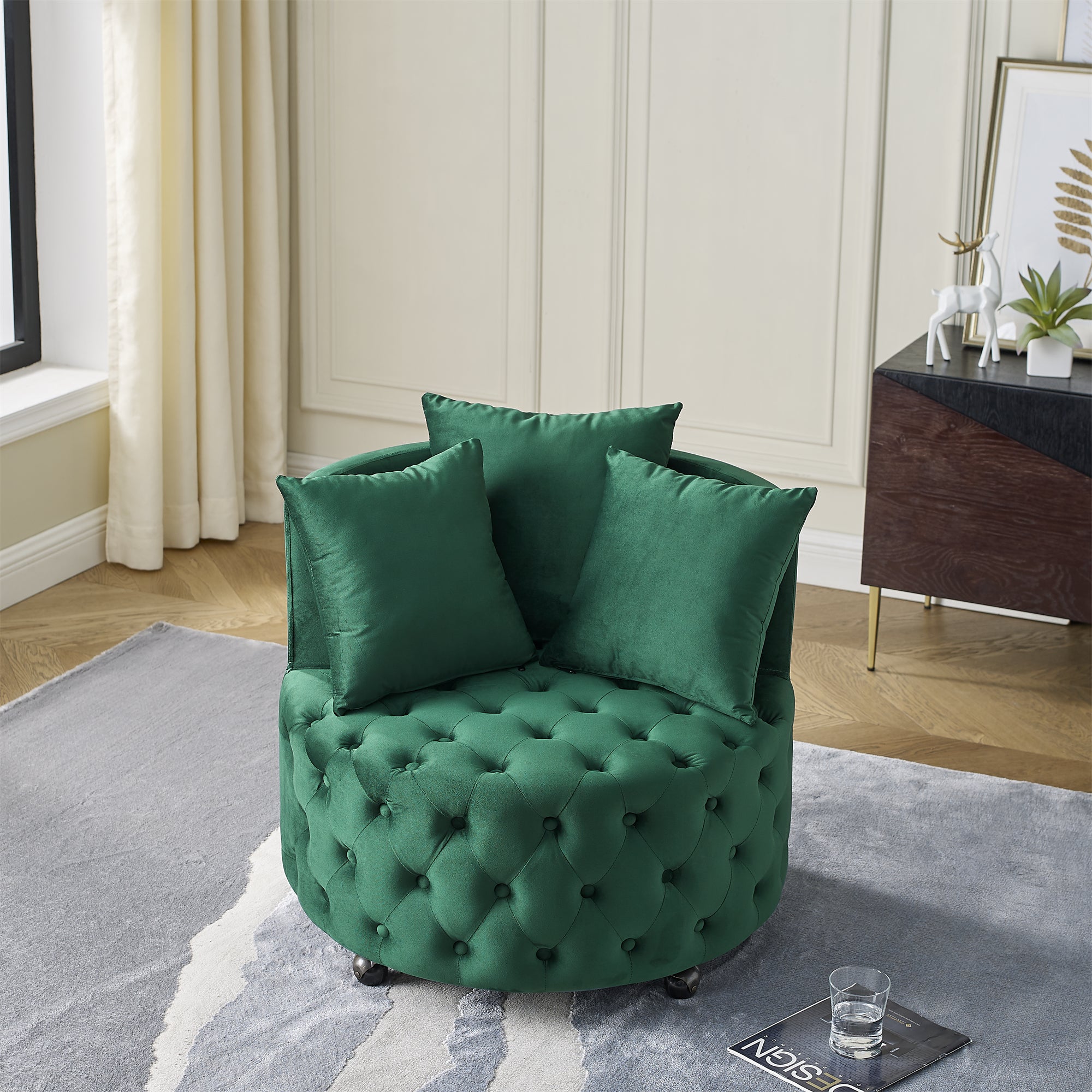Velvet Upholstered Swivel Chair For Living Room, With Button Tufted Design And Movable Wheels, Including 3 Pillows, Green