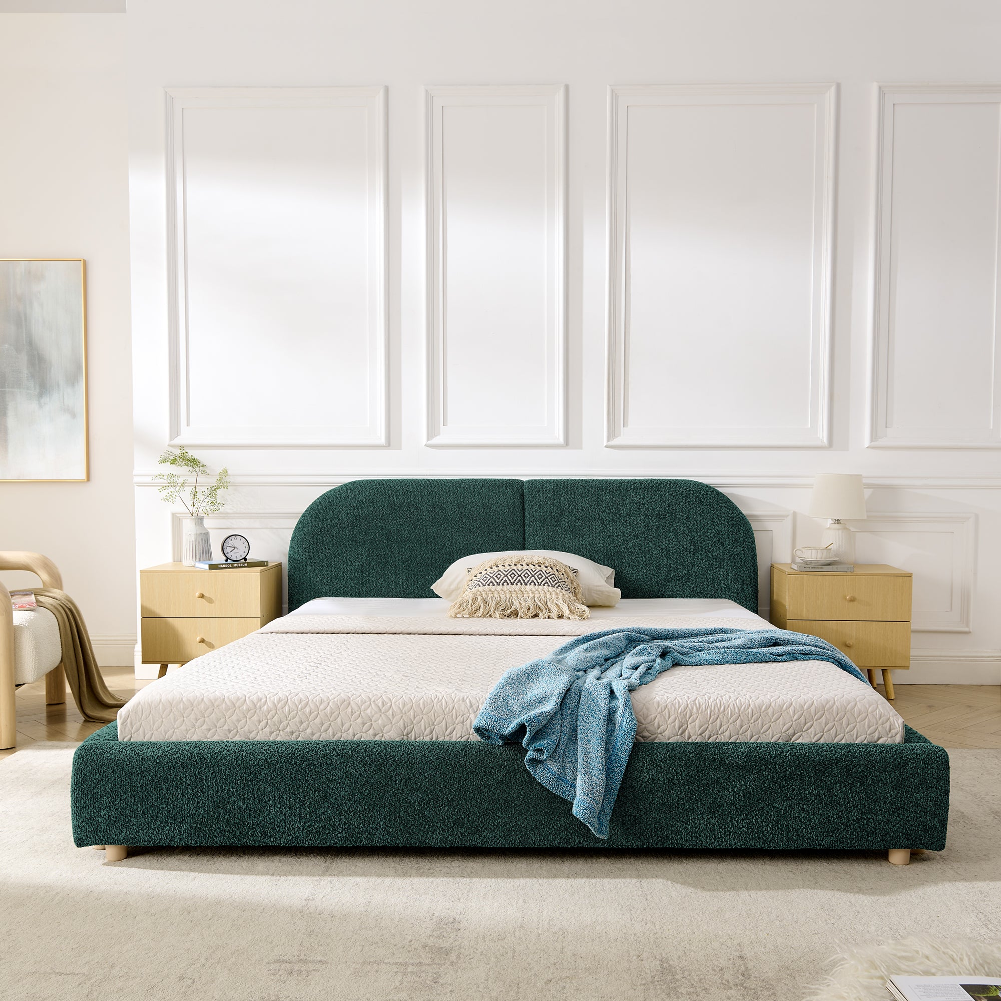 Queen Upholstered Bed Frame – Modern Minimalist Design with Tall Curved Headboard (Green)
