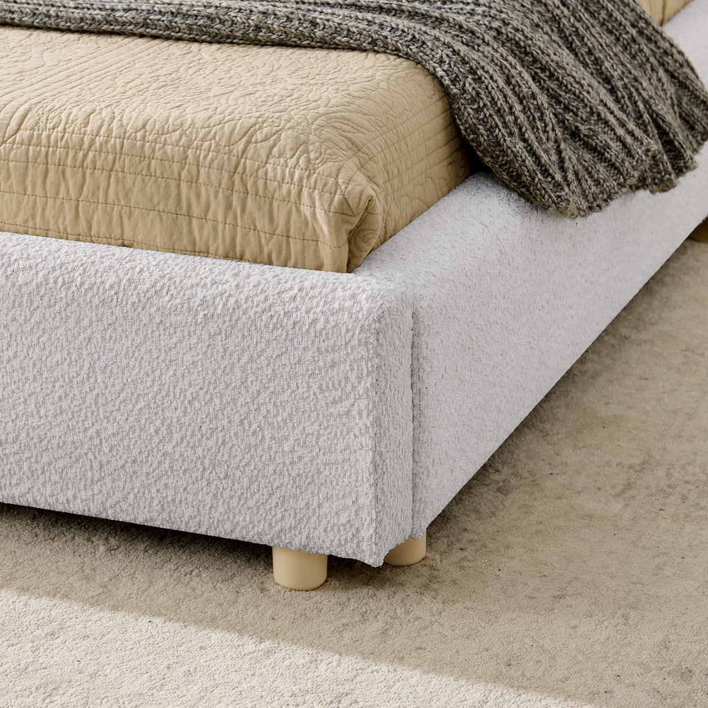 Queen Upholstered Bed Frame – Modern Minimalist Design with Tall Curved Headboard (Beige)